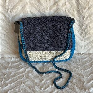 J. Crew Blue and Cream Crossbody Bag with Flap Closure